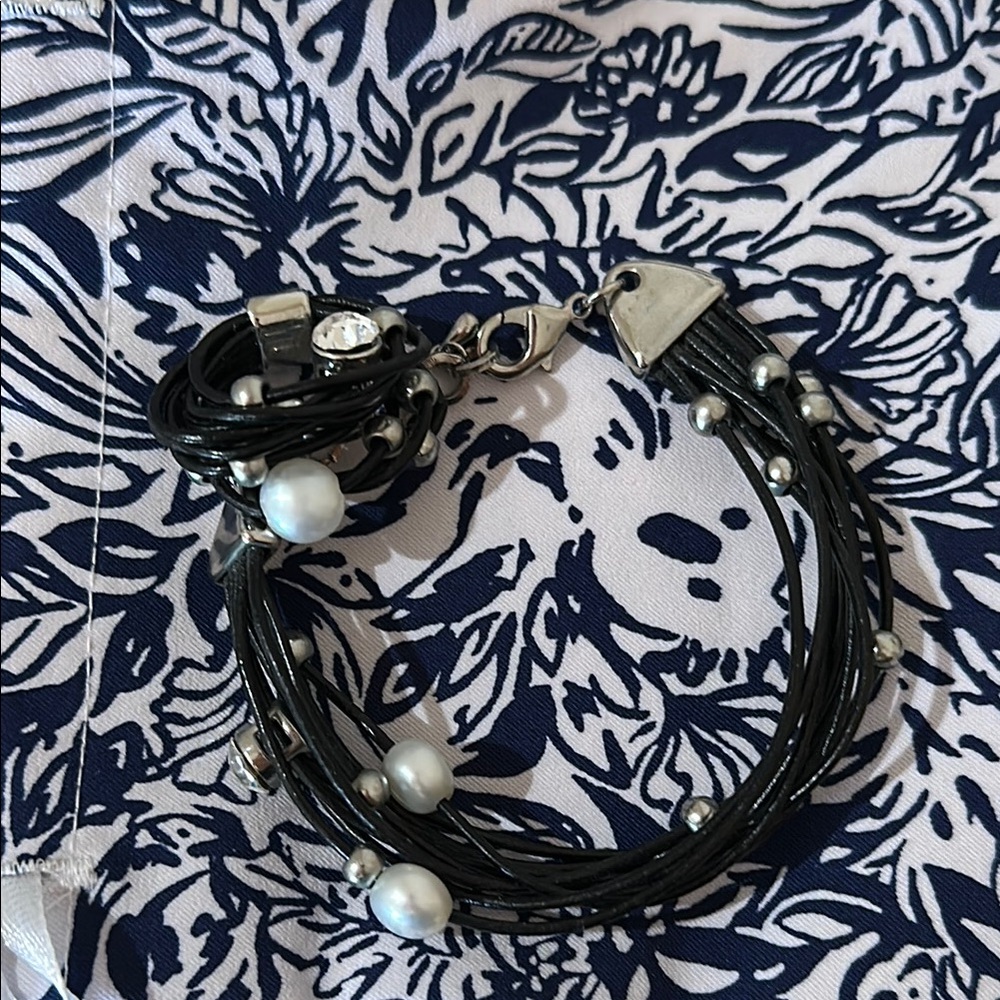 Black Multi-Strand & Pearl Bracelet with Matching Ring